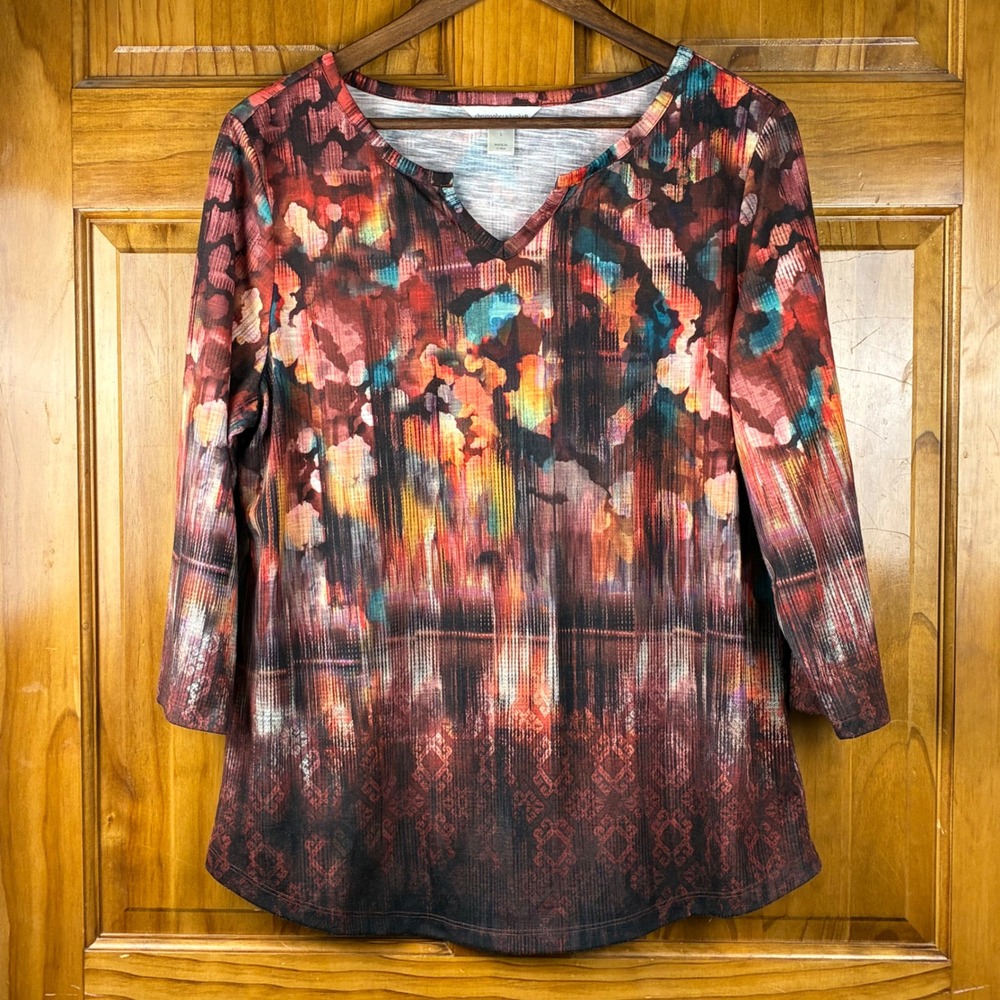 Christopher Banks Womens Lg Abstract Watercolor 3/4 Sleeve Split Neck Top Earthy